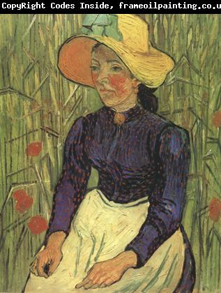 Vincent Van Gogh Young Peasant Woman with Straw Hat Sitting in the Wheat (nn04)
